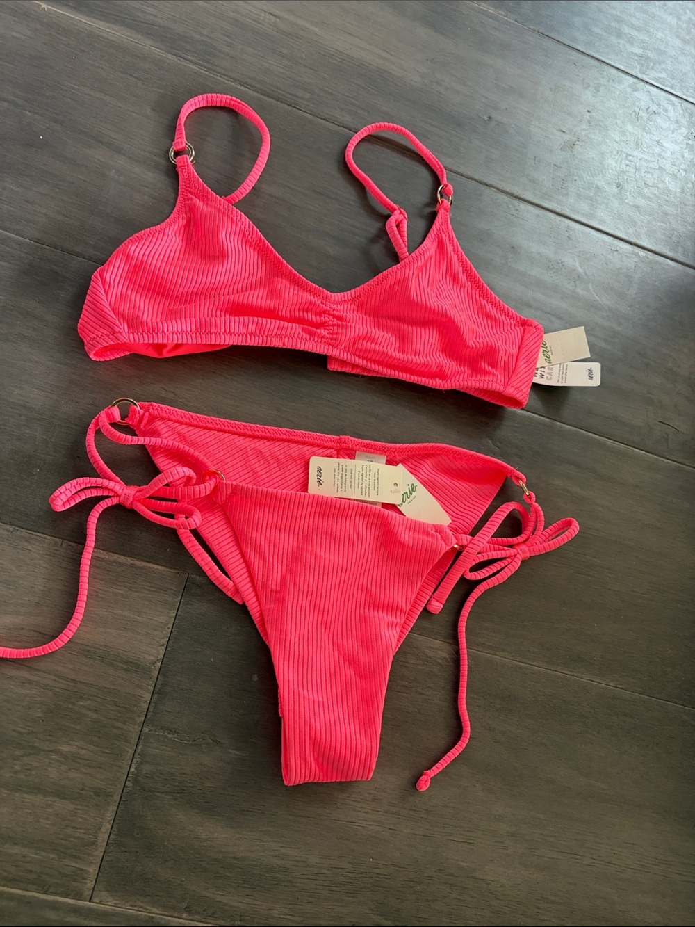 Aerie Neon Pink Ribbed String Bikini Set NWT S/M